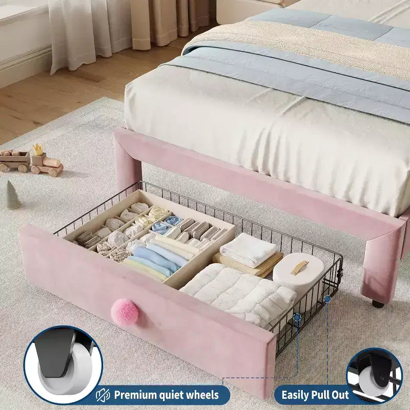 Struttura letto singolo imbottita con cassetto portaoggetti e testiera smerlata, telai letto a piattaforma Princess per bambini e bambine, supporto con doghe in legno