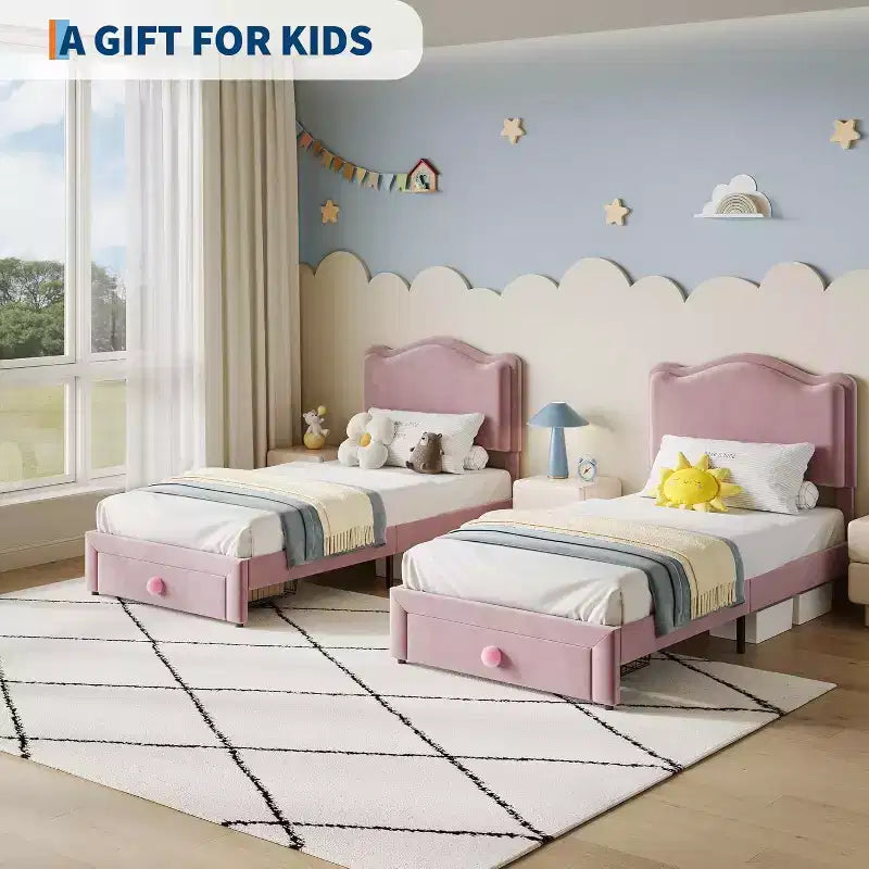 Struttura letto singolo imbottita con cassetto portaoggetti e testiera smerlata, telai letto a piattaforma Princess per bambini e bambine, supporto con doghe in legno