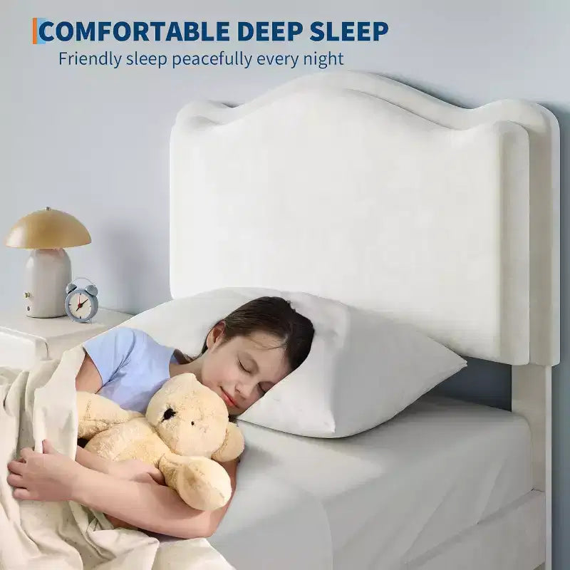 Struttura letto singolo imbottita con cassetto portaoggetti e testiera smerlata, telai letto a piattaforma Princess per bambini e bambine, supporto con doghe in legno