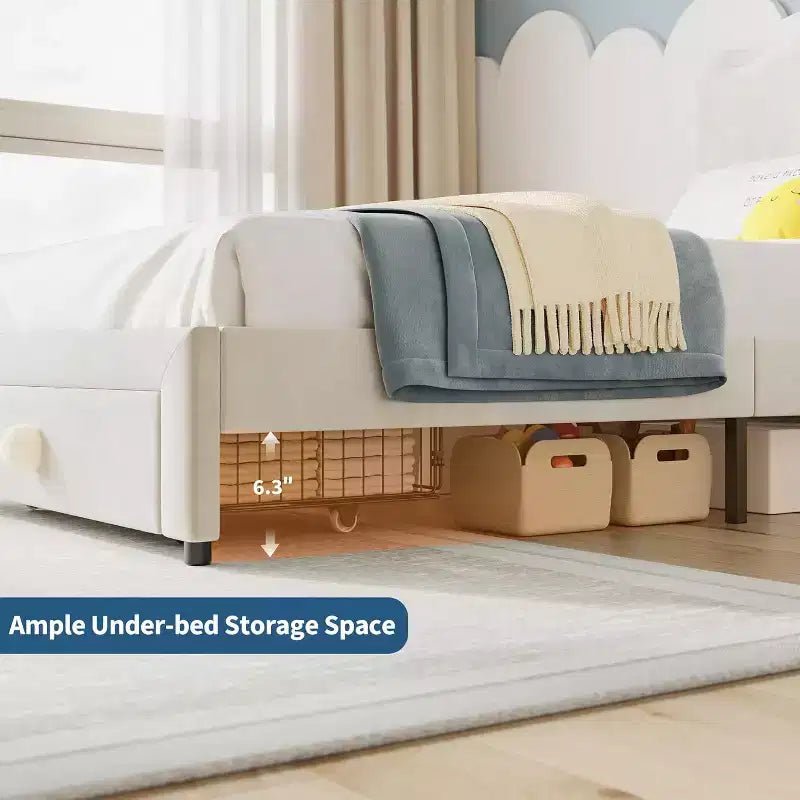 Struttura letto singolo imbottita con cassetto portaoggetti e testiera smerlata, telai letto a piattaforma Princess per bambini e bambine, supporto con doghe in legno