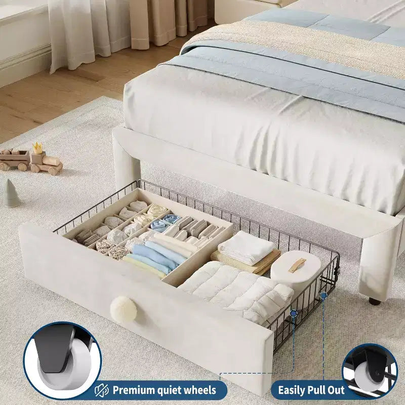 Struttura letto singolo imbottita con cassetto portaoggetti e testiera smerlata, telai letto a piattaforma Princess per bambini e bambine, supporto con doghe in legno