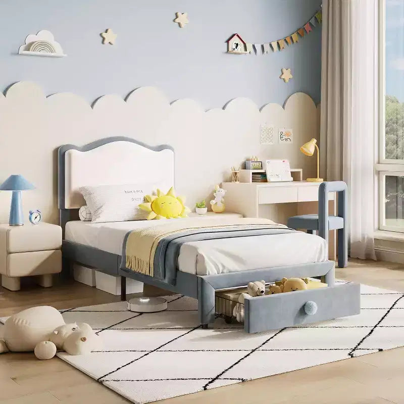 Struttura letto singolo imbottita con cassetto portaoggetti e testiera smerlata, telai letto a piattaforma Princess per bambini e bambine, supporto con doghe in legno