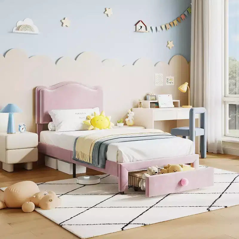 Struttura letto singolo imbottita con cassetto portaoggetti e testiera smerlata, telai letto a piattaforma Princess per bambini e bambine, supporto con doghe in legno