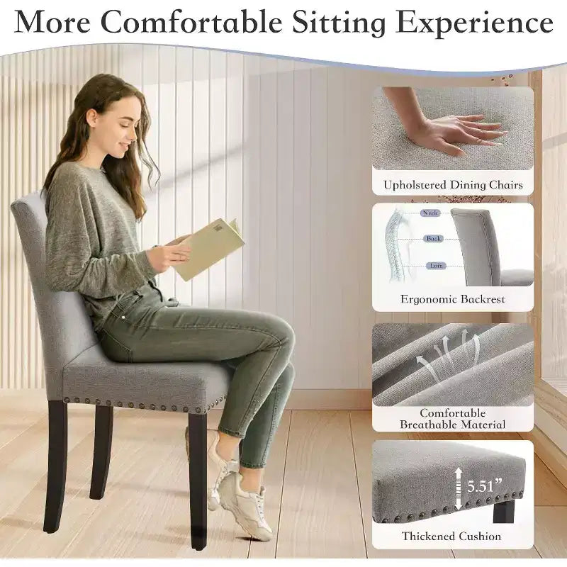 Acekool Sedie da Pranzo Imbottite Set da 2, con Borchie Decorative, Robuste Gambe in Legno, Sedie d'Accento in Tessuto per Sala da Pranzo e Cucina