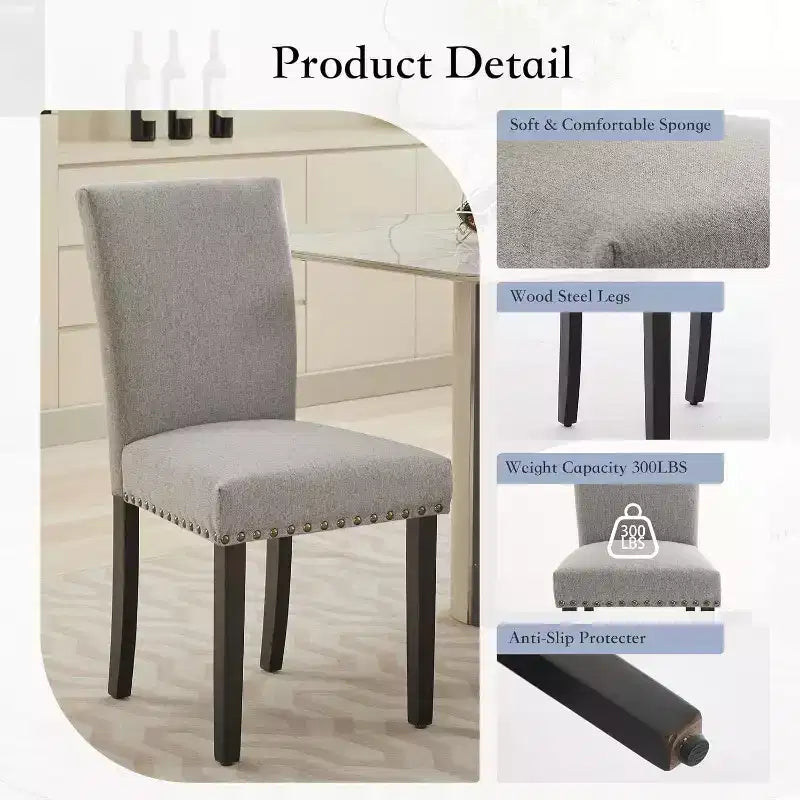 Acekool Sedie da Pranzo Imbottite Set da 2, con Borchie Decorative, Robuste Gambe in Legno, Sedie d'Accento in Tessuto per Sala da Pranzo e Cucina