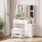 GustoWave Vanity Desk with Mirror and Lights, Makeup Vanity Set with 5 Drawers, Stool, Power Outlet, 3 Color Lighting Modes Vanity, Makeup Table