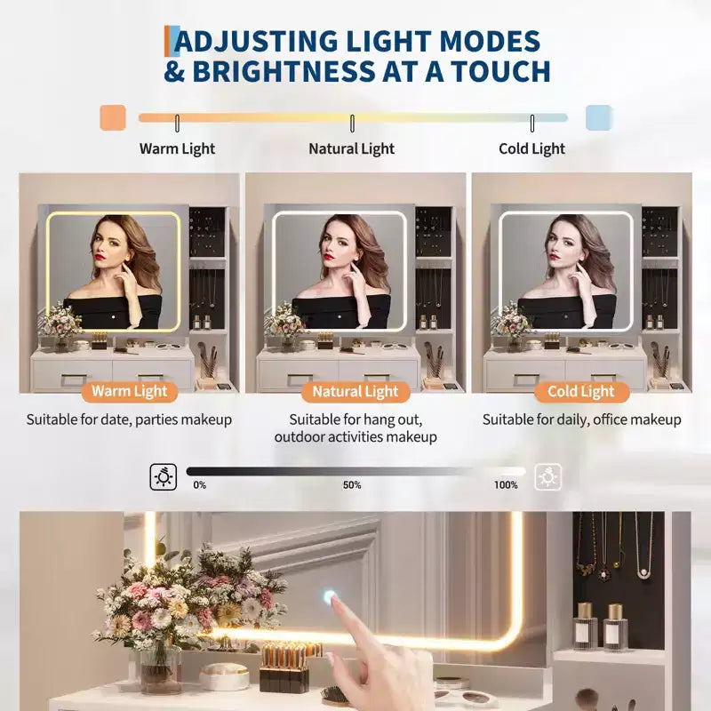 Toeletta GustoWave con Specchio e Luci, Set Toeletta Trucco con 5 Cassetti, Sgabello, Presa Elettrica, 3 Modalità di Illuminazione Colore, Tavolo Trucco