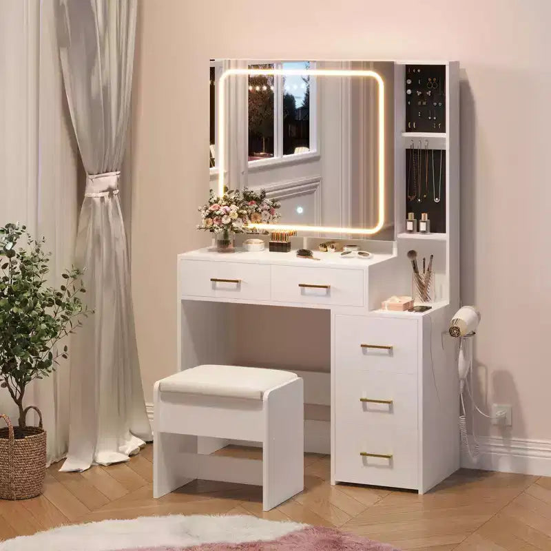 Toeletta GustoWave con Specchio e Luci, Set Toeletta Trucco con 5 Cassetti, Sgabello, Presa Elettrica, 3 Modalità di Illuminazione Colore, Tavolo Trucco