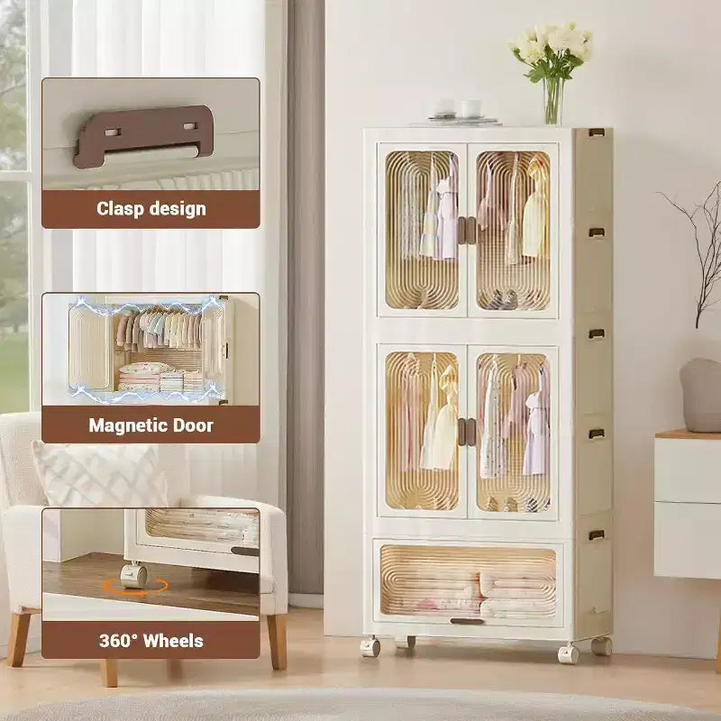 Acekool Armadio Pieghevole con Ruote, Guardaroba Portatile con Ante Magnetiche, Contenitore di Grande Capacità per Camera da Letto