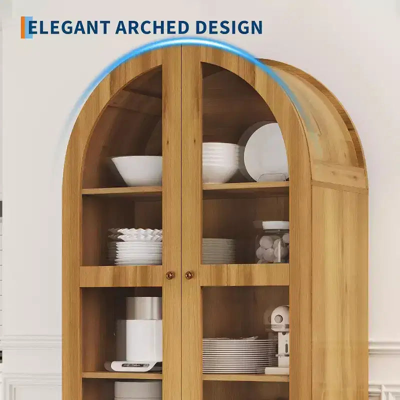 Acekool Armadietto Dispensa ad Arco in Stile Rustico, Mobile Credenza da Cucina Alto con Cassetti, Ripiani Regolabili e Ante in Acrilico, Rovere Chiaro