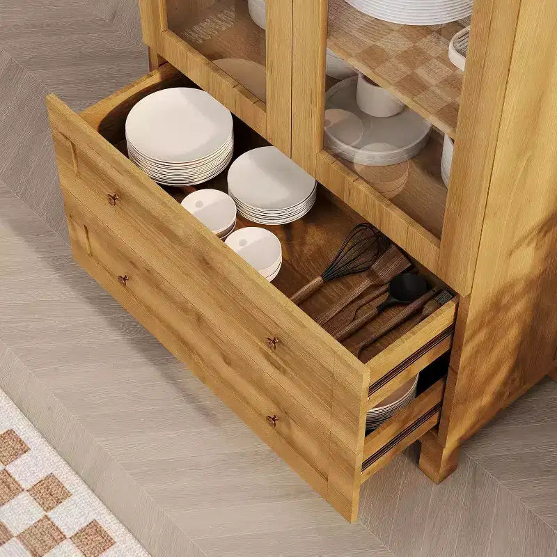 Acekool Armadietto Dispensa ad Arco in Stile Rustico, Mobile Credenza da Cucina Alto con Cassetti, Ripiani Regolabili e Ante in Acrilico, Rovere Chiaro