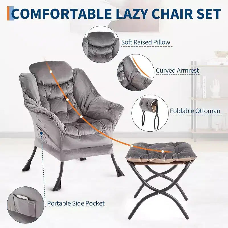Set da 2 Poltrone Lounge Acekool con Ottomano - Poltrona Relax Moderna con Tasca Laterale, Schienale e Poggiapiedi di Supporto