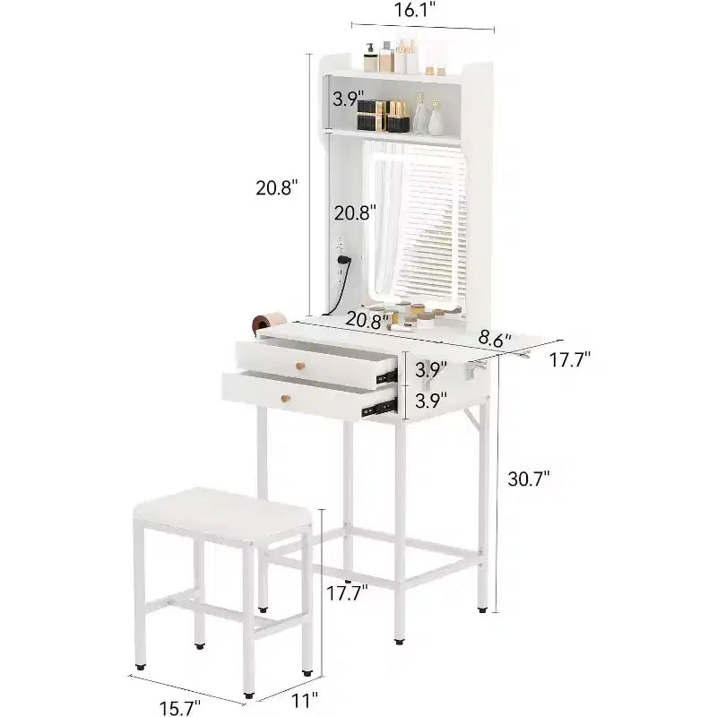 Acekool Mini Specchiera per Trucco con Specchio Illuminato, Pannello Laterale Pieghevole, Supporto per Asciugacapelli, 2 Cassetti, Tavolo da Toeletta Compatto per Piccoli Spazi