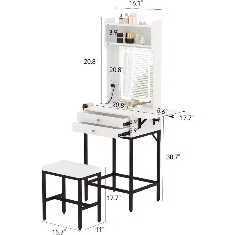 Acekool Mini Specchiera per Trucco con Specchio Illuminato, Pannello Laterale Pieghevole, Supporto per Asciugacapelli, 2 Cassetti, Tavolo da Toeletta Compatto per Piccoli Spazi