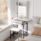 Acekool Mini Makeup Vanity Desk with Lighted Mirror, Foldable Side Panel, Hair Dryer Holder, 2 Drawers, Compact Dressing Table for Small Spaces
