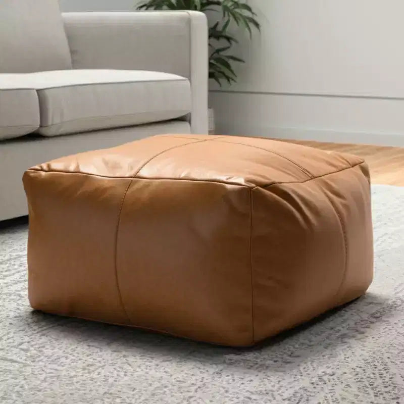 HomeRoots Pouf/Ottoman 22" in Vera Pelle Marrone