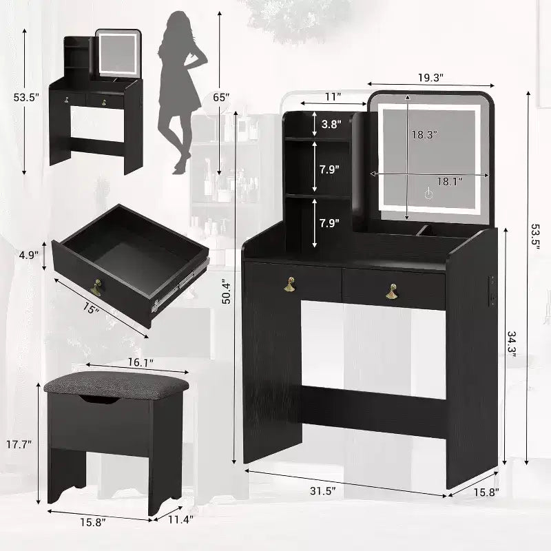 Acekool Scrivania da trucco con specchio LED, stazione di ricarica, 2 cassetti, sgabello contenitore, illuminazione a 3 colori, tavolino da trucco piccolo, bianco nero