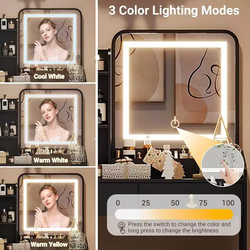 Acekool Scrivania da trucco con specchio LED, stazione di ricarica, 2 cassetti, sgabello contenitore, illuminazione a 3 colori, tavolino da trucco piccolo, bianco nero