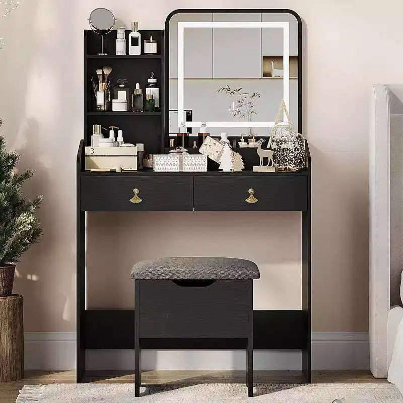 Acekool Scrivania da trucco con specchio LED, stazione di ricarica, 2 cassetti, sgabello contenitore, illuminazione a 3 colori, tavolino da trucco piccolo, bianco nero