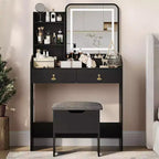 Acekool Scrivania da trucco con specchio LED, stazione di ricarica, 2 cassetti, sgabello contenitore, illuminazione a 3 colori, tavolino da trucco piccolo, bianco nero