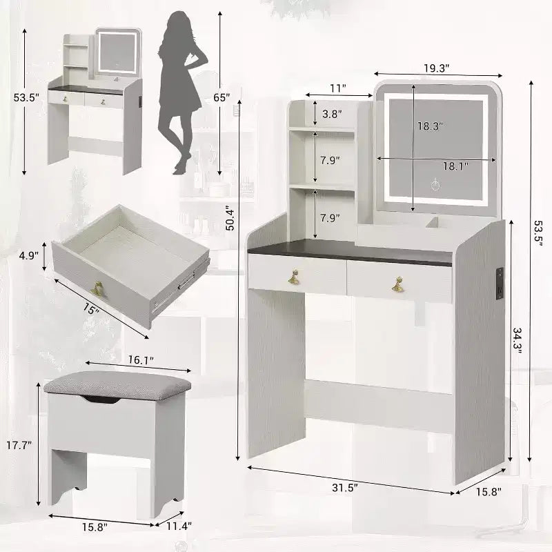 Acekool Scrivania da trucco con specchio LED, stazione di ricarica, 2 cassetti, sgabello contenitore, illuminazione a 3 colori, tavolino da trucco piccolo, bianco nero