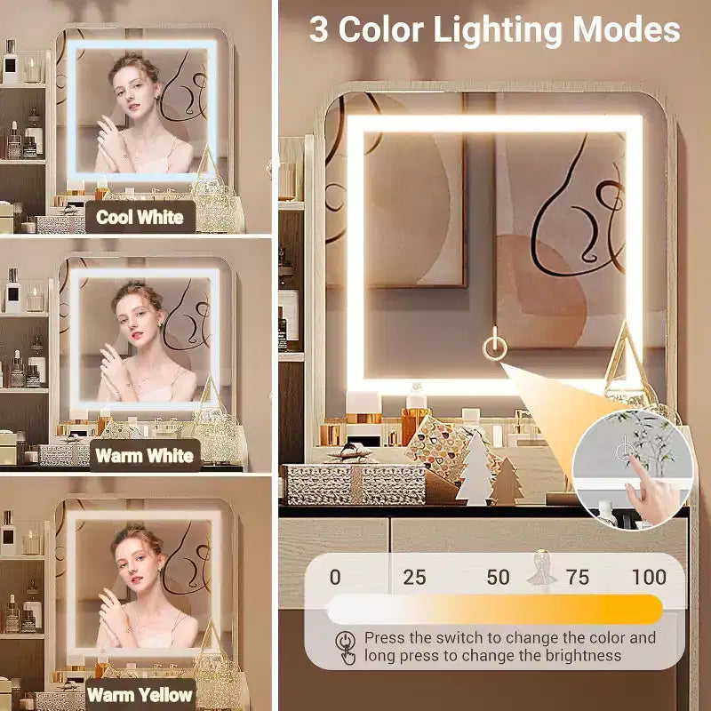 Acekool Scrivania da trucco con specchio LED, stazione di ricarica, 2 cassetti, sgabello contenitore, illuminazione a 3 colori, tavolino da trucco piccolo, bianco nero