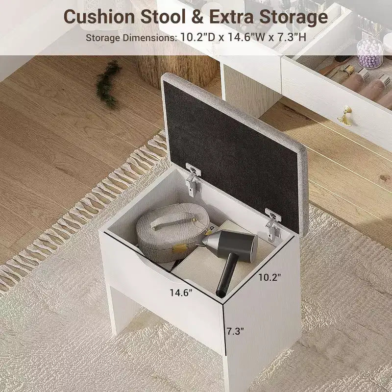 Acekool Scrivania da trucco con specchio LED, stazione di ricarica, 2 cassetti, sgabello contenitore, illuminazione a 3 colori, tavolino da trucco piccolo, bianco nero