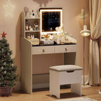 Acekool Scrivania da trucco con specchio LED, stazione di ricarica, 2 cassetti, sgabello contenitore, illuminazione a 3 colori, tavolino da trucco piccolo, bianco nero