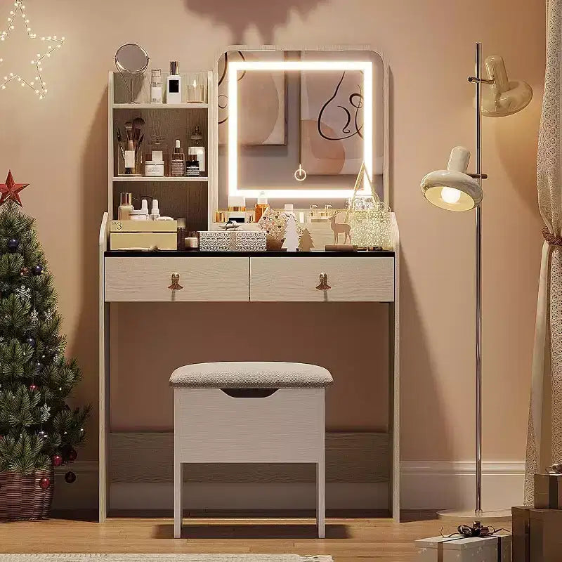 Acekool Vanity Desk with LED Mirror, Charging Station, 2 Drawers, Storage Stool, 3-Color Lighting, Small Makeup Table, White Black