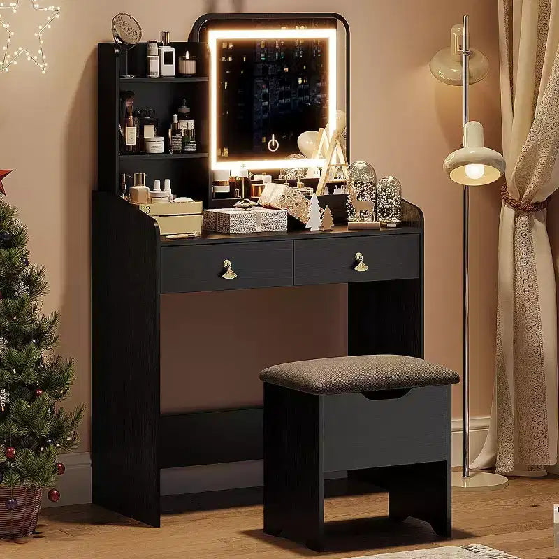 Acekool Scrivania da trucco con specchio LED, stazione di ricarica, 2 cassetti, sgabello contenitore, illuminazione a 3 colori, tavolino da trucco piccolo, bianco nero