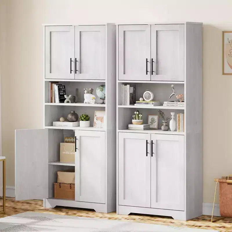 Dispensa da Cucina, Armadio a 4 Ante con Supporto per Microonde e Cassetto, Ripiano Regolabile, Grigio