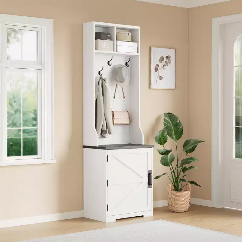 Garvee Farmhouse Appendiabiti da Ingresso 3-in-1 con Scarpiera e 6 Ganci, Panca da Ingresso con Contenitore e Ganci, Appendiabiti da Terra per Ingresso Camera da Letto