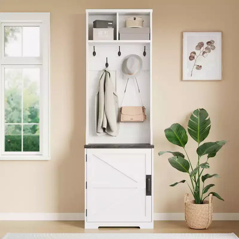 Garvee Farmhouse Appendiabiti da Ingresso 3-in-1 con Scarpiera e 6 Ganci, Panca da Ingresso con Contenitore e Ganci, Appendiabiti da Terra per Ingresso Camera da Letto