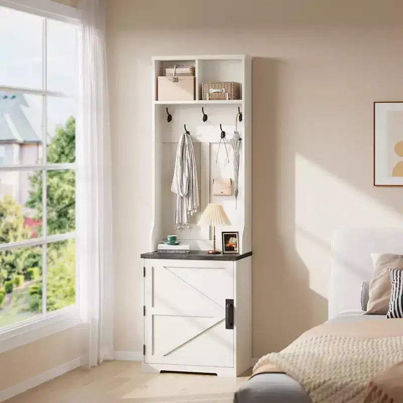 Garvee Farmhouse Appendiabiti da Ingresso 3-in-1 con Scarpiera e 6 Ganci, Panca da Ingresso con Contenitore e Ganci, Appendiabiti da Terra per Ingresso Camera da Letto