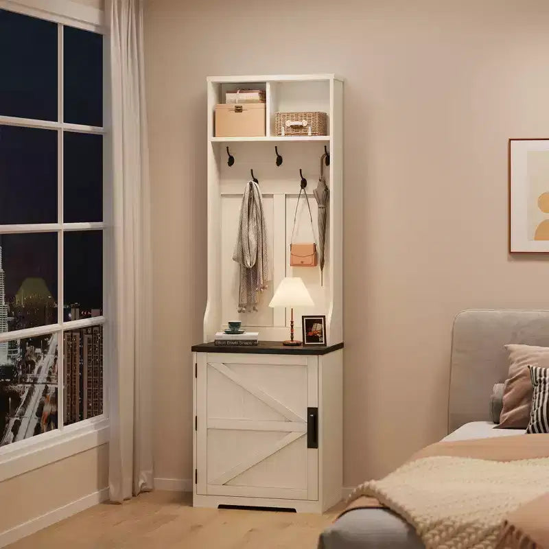 Garvee Farmhouse Appendiabiti da Ingresso 3-in-1 con Scarpiera e 6 Ganci, Panca da Ingresso con Contenitore e Ganci, Appendiabiti da Terra per Ingresso Camera da Letto