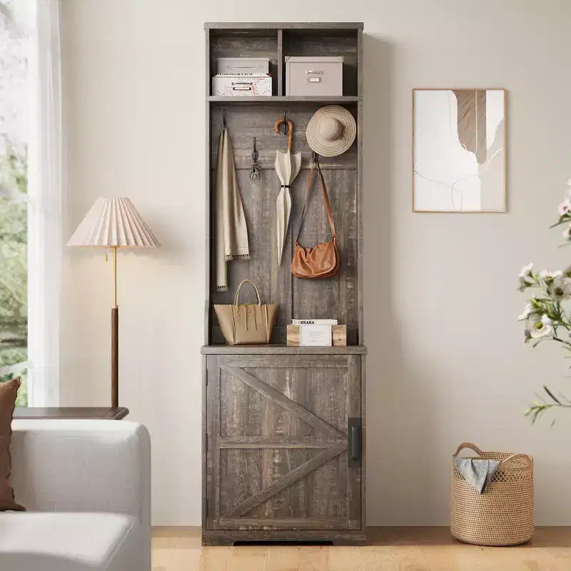 Garvee Farmhouse Appendiabiti da Ingresso 3-in-1 con Scarpiera e 6 Ganci, Panca da Ingresso con Contenitore e Ganci, Appendiabiti da Terra per Ingresso Camera da Letto
