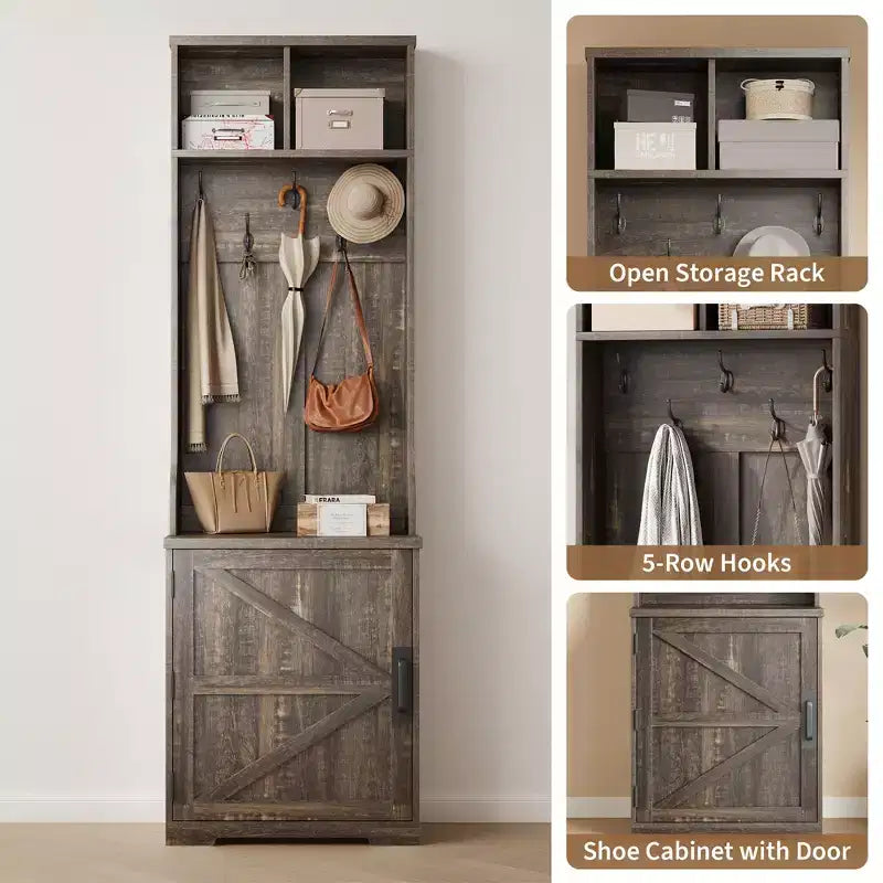 Garvee Farmhouse Appendiabiti da Ingresso 3-in-1 con Scarpiera e 6 Ganci, Panca da Ingresso con Contenitore e Ganci, Appendiabiti da Terra per Ingresso Camera da Letto