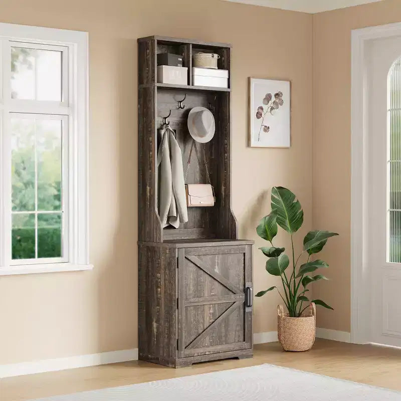 Garvee Farmhouse Appendiabiti da Ingresso 3-in-1 con Scarpiera e 6 Ganci, Panca da Ingresso con Contenitore e Ganci, Appendiabiti da Terra per Ingresso Camera da Letto