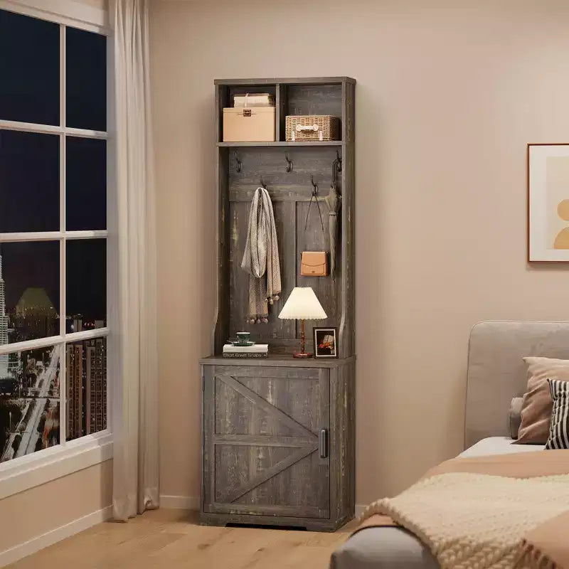 Garvee Farmhouse Appendiabiti da Ingresso 3-in-1 con Scarpiera e 6 Ganci, Panca da Ingresso con Contenitore e Ganci, Appendiabiti da Terra per Ingresso Camera da Letto