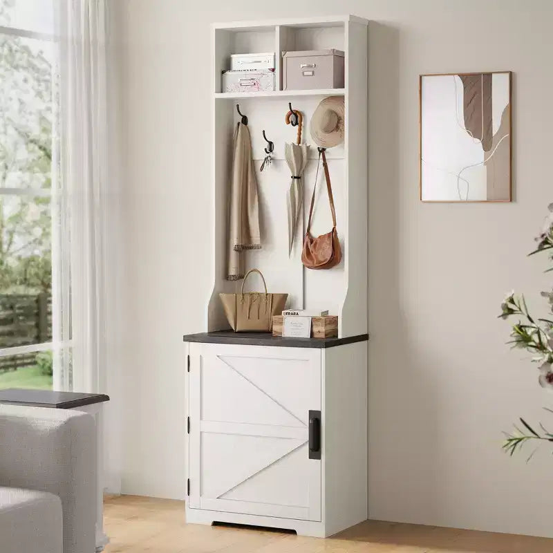 Garvee Farmhouse Appendiabiti da Ingresso 3-in-1 con Scarpiera e 6 Ganci, Panca da Ingresso con Contenitore e Ganci, Appendiabiti da Terra per Ingresso Camera da Letto