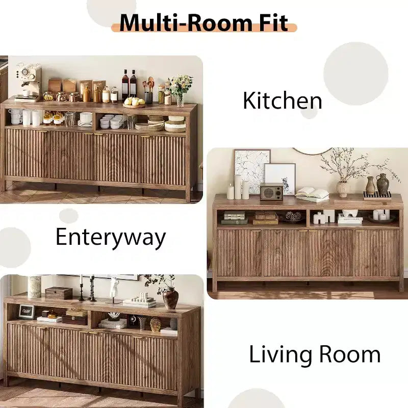 65.8 Credenza a Buffe Scanalata, Mobile Contenitore a 4 Ante per Sala da Pranzo/Soggiorno