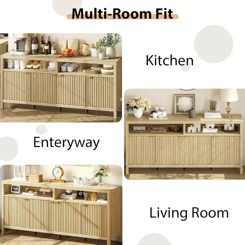 65.8 Credenza a Buffe Scanalata, Mobile Contenitore a 4 Ante per Sala da Pranzo/Soggiorno