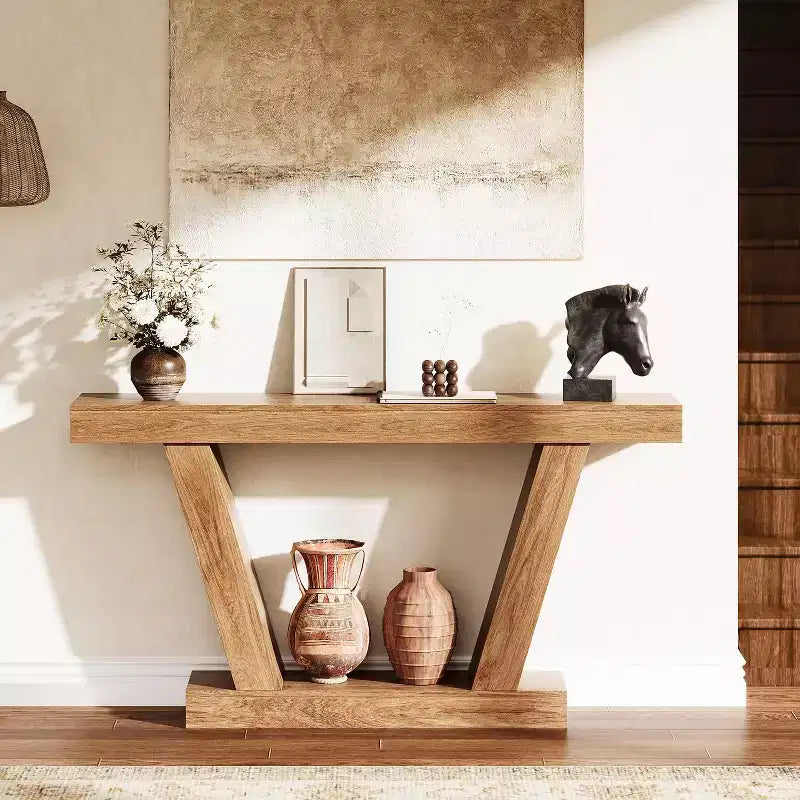 Tavolo Consolle da Divano, Tavolino Stretto in Stile Rustico a 2 Livelli Dietro il Divano, Extra-Lungo, Tavolo d'Appoggio per Ingresso, Foyer, Salotto