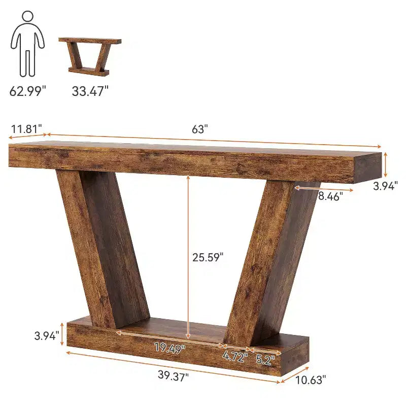 Tavolo Consolle da Divano, Tavolino Stretto in Stile Rustico a 2 Livelli Dietro il Divano, Extra-Lungo, Tavolo d'Appoggio per Ingresso, Foyer, Salotto