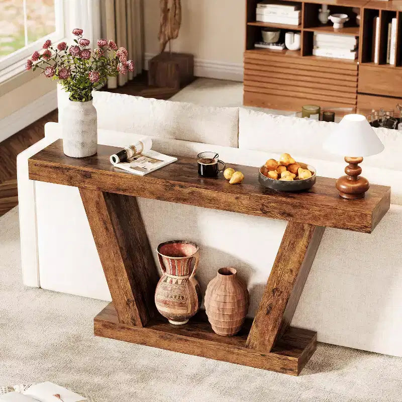 Tavolo Consolle da Divano, Tavolino Stretto in Stile Rustico a 2 Livelli Dietro il Divano, Extra-Lungo, Tavolo d'Appoggio per Ingresso, Foyer, Salotto