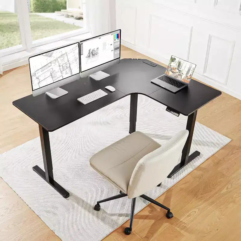Scrivania in piedi a L HUANUO 63 con doppio motore, regolabile elettricamente in altezza, prese di corrente integrate, scrivania sit-stand, nero