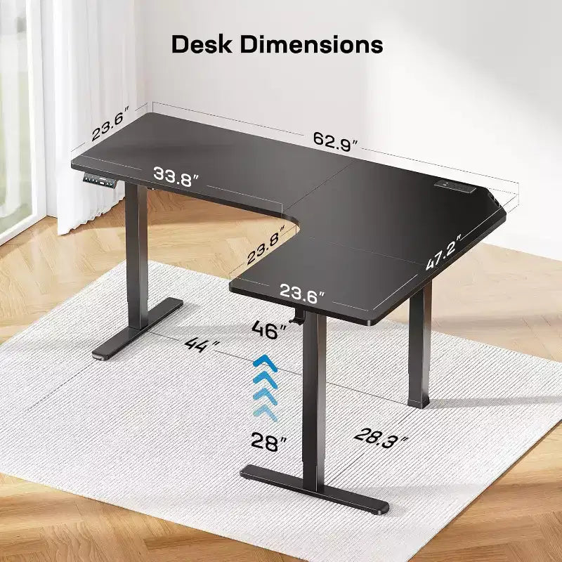 Scrivania in piedi a L HUANUO 63 con doppio motore, regolabile elettricamente in altezza, prese di corrente integrate, scrivania sit-stand, nero