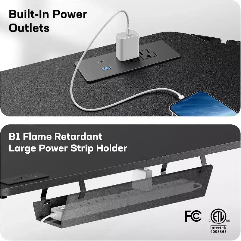 Scrivania in piedi a L HUANUO 63 con doppio motore, regolabile elettricamente in altezza, prese di corrente integrate, scrivania sit-stand, nero