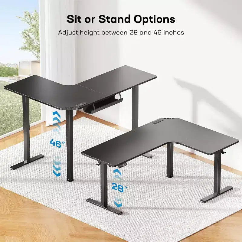 Scrivania in piedi a L HUANUO 63 con doppio motore, regolabile elettricamente in altezza, prese di corrente integrate, scrivania sit-stand, nero