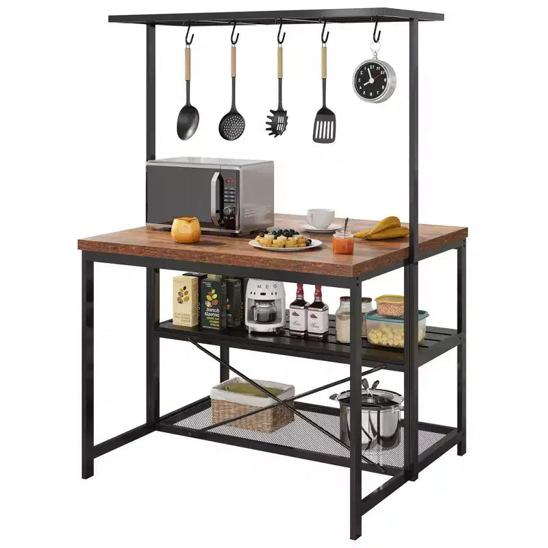 Isola da Cucina da 42" - Mobile per Microonde e Scaffale per Panettiere con Scaffali a 3 Livelli, 5 Ganci e Piano Rimovibile (Naturale)